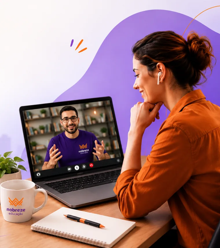 Aluna em aula de inglês online com professor Nobreze
